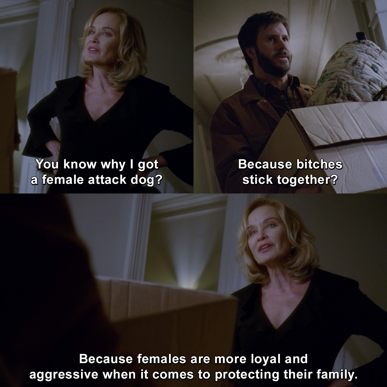 You know why I got a female attack dog? Because bitches stick together?  Because females are more loyal and aggressive when it comes to protecting  their family. | American Horror Story |, image size:1280x1280