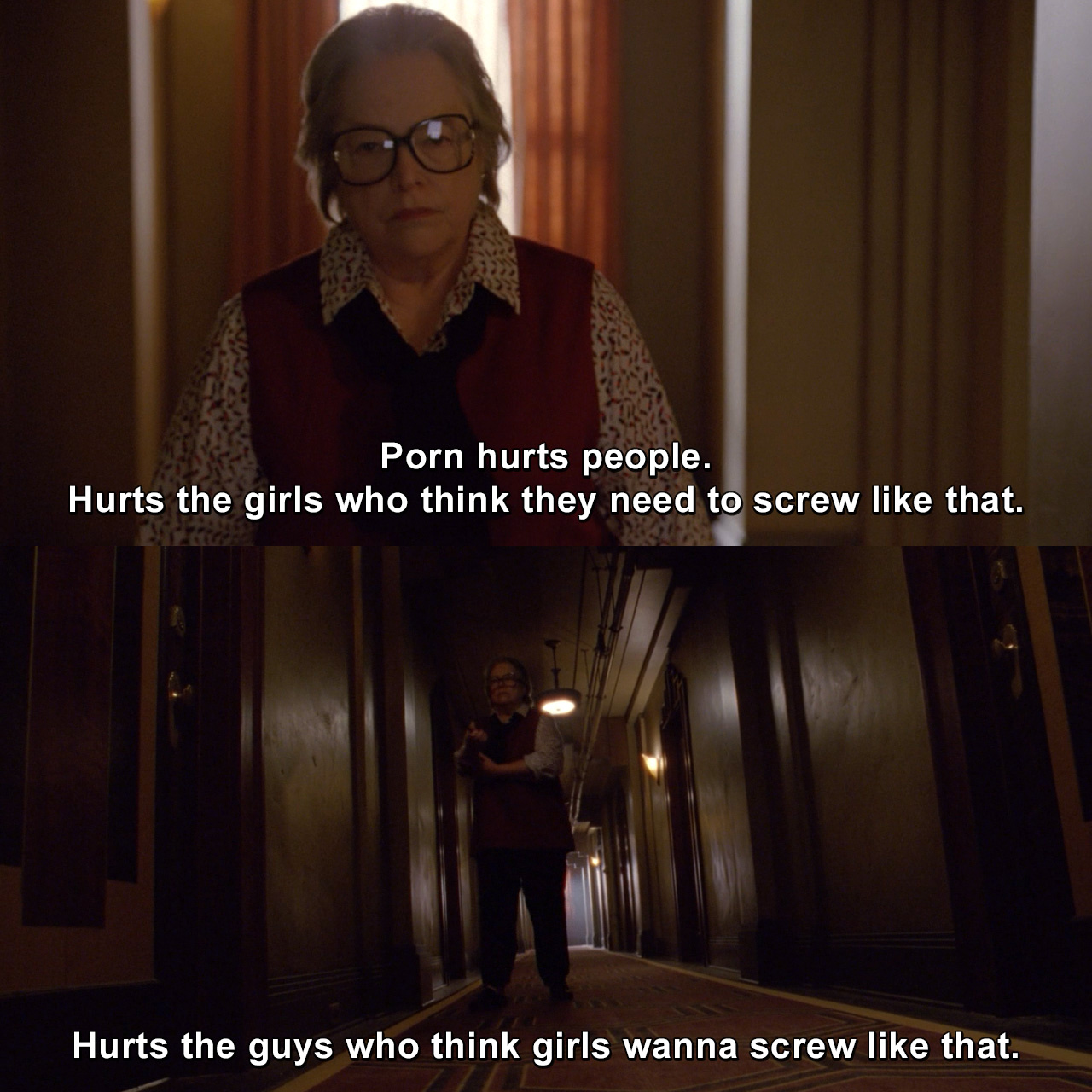 Porn hurts people. Hurts the girls who think they need to screw like that.  Hurts the guys who think girls wanna screw like that. | American Horror  Story | TVgag.com