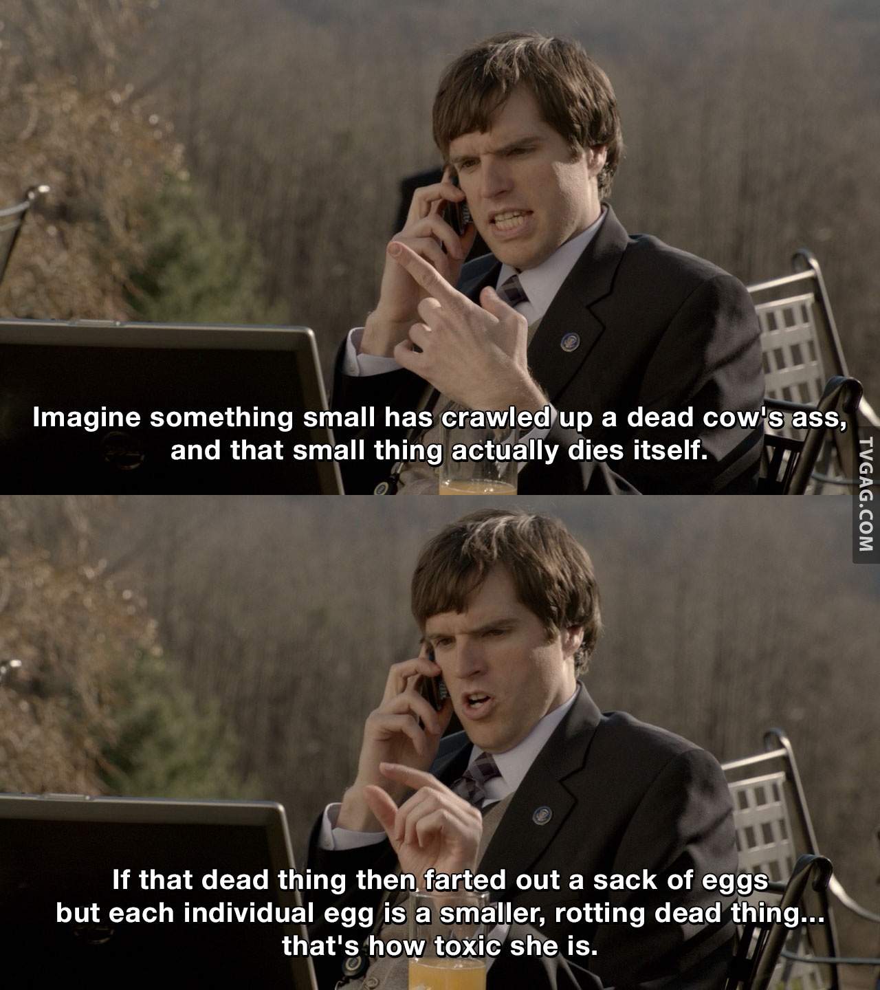 Imagine something small has crawled up a dead cow's ass, and that small  thing actually dies itself. If that dead thing then farted out a sack of  eggs but each individual egg, image size:1280x1440